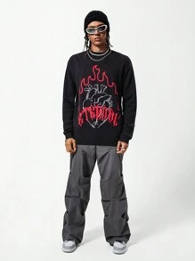 SHEIN Teen Boys' Flame Pattern Knit Sweater With Crew Neck Design