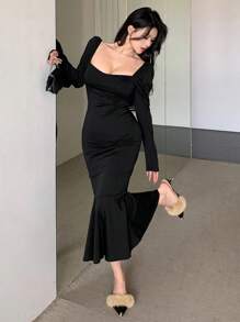 DAZY Solid Color Square Neck Puff Sleeve Mermaid Midi Dress For Women, Birthday Prom Dress,Ruffle,Fall Clothes - Black - View 9
