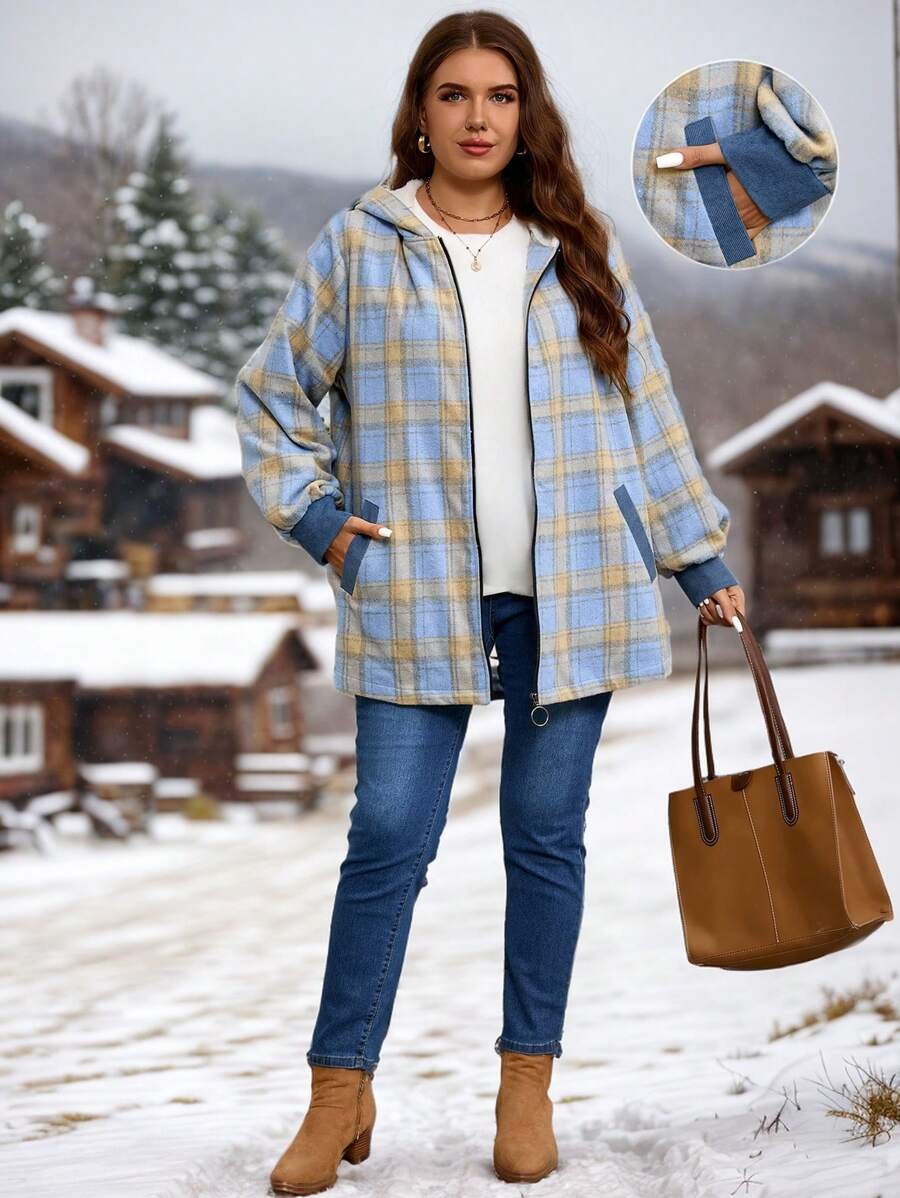 EMERY ROSE Manteau d'hiver pour femme grande taille, à fermeture éclair, à manches longues, à capuche, avec motif à carreaux, style casual