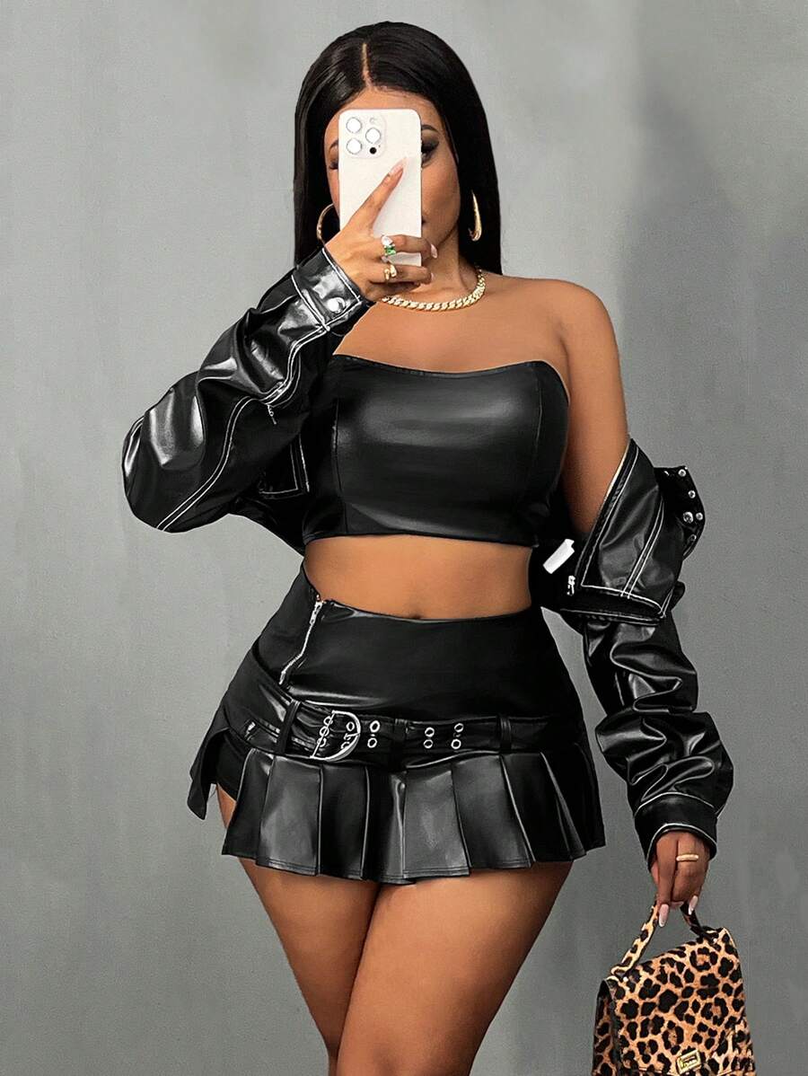 Slaydiva Damen Sommer Street Mini plissierter Leder Rock - Schwarz - Übersicht 1