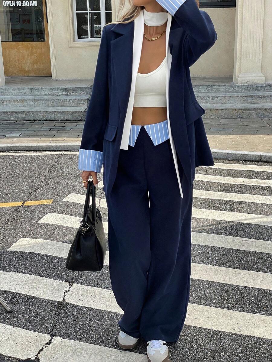 Serisse 女士撞色条纹印花长袖西装外套和高腰西装裤套装，女士服装，女士服装套装，服装套装，返校节，休闲海军蓝宽松条纹西装，秋冬老钱风格 - 藏蓝色 - 查看 1