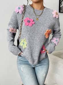 Chiquease Áo len cổ tròn dáng rộng, thoải mái, họa tiết hoa 3D nhiều màu sắc, thời trang thu đông, dịu dàng, nhẹ nhàng, kiểu dáng giản dị, chất liệu dệt kim. - Nhiều màu - Xem 8