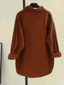 Women's Solid Color Drop Shoulder Long Sleeve Casual Shirt, Spring/Autumn,Long Sleeve Tops - Mocha Brown - View 3