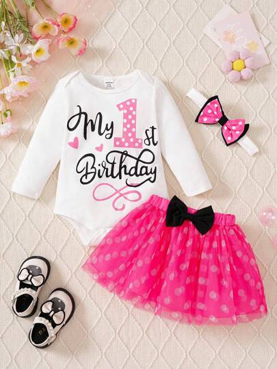 SHEIN Playful Pals 3-delars festoutfit för babyflickor, inkluderar långärmad body med bokstavstryck, tyllkjol och pannband