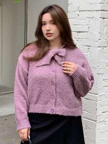 Dazy Petite Plus 大码纯色蝴蝶结针织柔软紫色开衫 - 紫色 - 查看 8