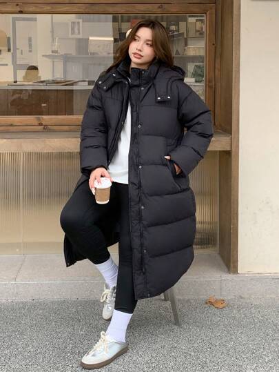 Dazy Petite Plus 大码女式连帽长款加厚纯色长袖休闲冬季外套