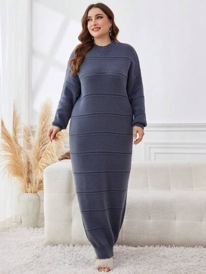 Al Najma 大码纯色圆领长袖毛衣裙，休闲修身毛衣裙，适合日常休闲