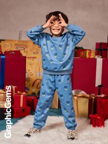 2 件套小男孩圣诞熊印花连帽衫和裤子套装