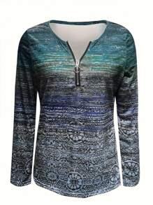 INAWLY 女士春秋季全印花拉链半襟长袖休闲 T 恤图案 T 恤女式春季服装上衣