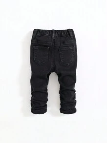 SHEIN 男婴时尚褶皱设计黑色牛仔裤，休闲百搭，适合男婴秋季服装 - 黑色 - 查看 2