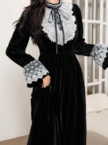 Modelyn Women's Elegant Velvet Dress With Lace Embroidery Patchwork, Princess Style Maxi Women Outfit Long Evening Dresses Fall Cloth For Women - Black - View 5