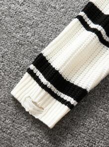 Suéter holgado, cálido y cómodo con cuello en V a rayas para niña preadolescente, estilo casual para principios del invierno - Blanco y Negro - Ver 3