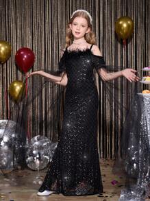 SHEIN 优雅女孩黑色露肩毛皮珠饰连衣裙，适合舞会、派对、万圣节、圣诞节、复活节等节日 - 黑色 - 查看 6