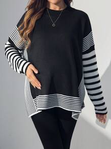 SHEIN Maternity Knit Sweater - Striped & Solid Pullover Knitwear For Pregnant Women, Autumn & Winter