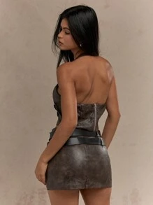 MISSGUIDED PU Double Buckle Detail Halter Neck Crop Top - Brown - View 2