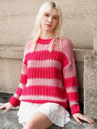 Skyraze Contrast Color Striped Loose Crewneck Chunky Knit Sweater,Fall Sweaters,Geometric Pattern