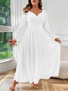 Celure Vestido maxi elegante de gasa bordada con escote de corazón y mangas farol para mujer de talla grande