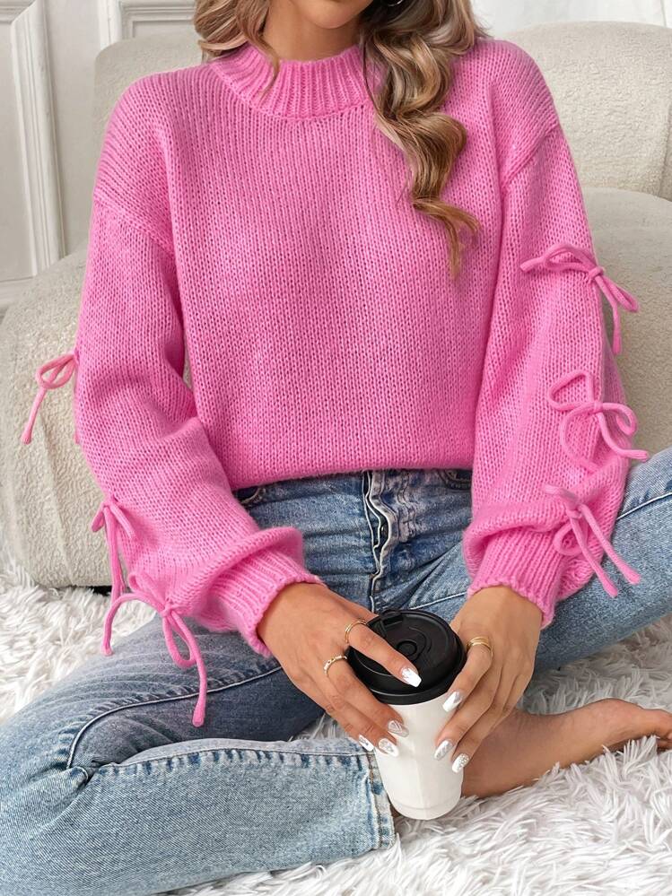 Chiquease Suéter de punto casual con cuello redondo, manga larga y lazo decorativo, tops de manga larga, jersey de punto para otoño e invierno - Rosa - Añade 1