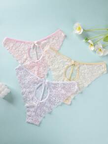 3 piezas/paquete Bragas tipo tanga para mujer con decoración de lazo y diseño calado