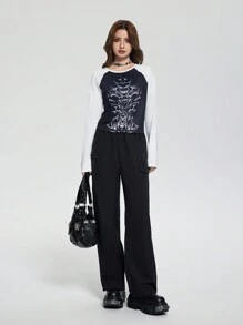 SHEIN Explorewe Set 2 bucăți: Tricou cu mânecă lungă cu mânecă raglan și pantaloni cargo casual pentru fete adolescente, primăvara vară. - Negru - Vizualizare 3