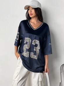 SHEIN EZwear Navy Blue Mesh Printed T-Shirt For Women - Navy Blue - View 7