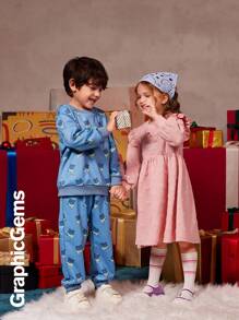 2 件套小男孩圣诞熊印花连帽衫和裤子套装