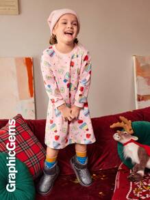 GraphicGems 女孩圣诞苹果心形图案长袖连帽连衣裙，圣诞节