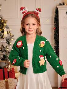 Young Girl And Young Girl Christmas Cardigans, Green, Decorative Snowball & Lantern Sleeves, High Quality, Casual, Elegant, Warm, Suitable For Christmas, Holiday, Family Gathering, New 2024 Knit Sweater, Autumn Winter - Green - View 6