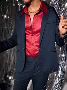 Manfinity VCAY 秋冬款年轻男士休闲日常修身长袖西装外套，黑色和蓝色 - 藍色 - 查看 4