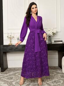 Modelyn 女士纯色抽绳长袖 V 领休闲连衣裙长款女士套装长款晚礼服 - 紫色 - 查看 8