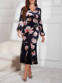 Modelyn Vestido de fiesta largo de manga larga con escote en V de terciopelo, estampado de terciopelo y parches de color sólido, ajuste ceñido y cola de pez, para otoño e invierno - Negro - Ver 6