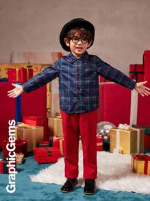 2 件套年轻男孩格子衬衫和红色西装裤套装，圣诞绅士装