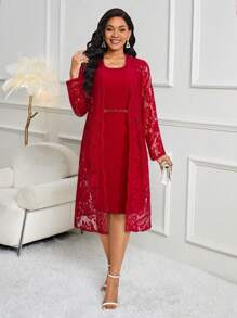 SHEIN Lady 2 件女士时尚优雅蕾丝夹克和白色紧身连衣裙套装 - 酒紅色 - 查看 8