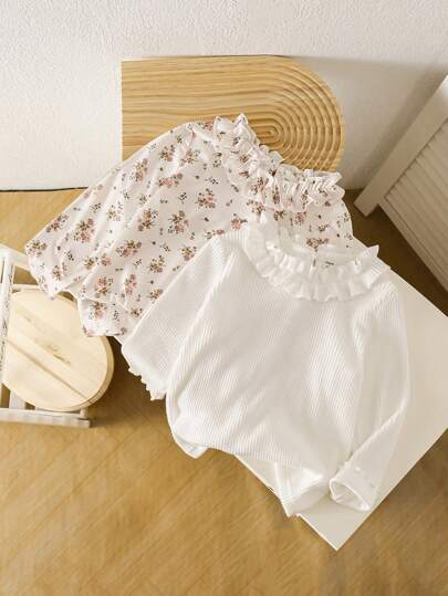 SHEIN Set de 2 piezas de camiseta con estampado floral ditsy y conjunto a juego informal de color crema blanco, adecuado para primavera, otoño e invierno