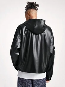 Manfinity RebelGame Men's PU Leather Loose Woven Hooded Sweatshirt - Black - View 6