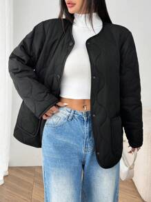 SHEIN EZwear Cardigan col rond noir et blanc pour femmes grandes tailles, doublure matelassée chaude, veste d'hiver casual pour le quotidien, l'école, les sorties