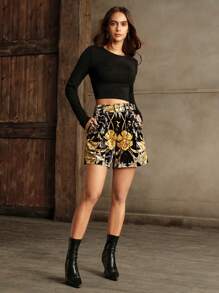 Anewsta 女式天鹅绒花卉印花短裤配腰带，复古经典花卉图案，优雅外观，秋冬 - 黑色 - 查看 6