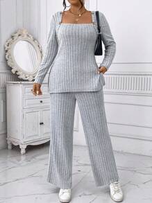 SHEIN 2pcs Plus Size Women Elegant Casual Commuter Comfortable Solid Crew Neck Long Sleeve Ribbed Knit Top And Wide Leg Pants Set