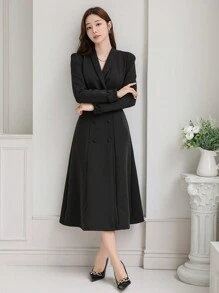 DAZY 女士优雅纯色翻领长袖商务连衣裙、返校服、秋季连衣裙 - 黑色 - 查看 2