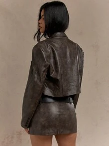 MISSGUIDED Cropped Faux Leather Blazer Motorcycle Style Double Belt Waist Fall Winter Fashion Statement Outerwear Edgy Distressed Slim Fit Modern Design - Brown - View 2