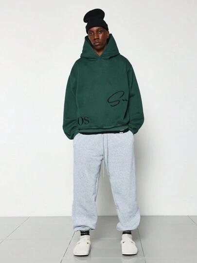 SUMWON 超大落肩街头风连帽衫刺绣签名脚本徽标重磅运动休闲都市冬季必备家居服