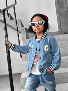 1 set Chaqueta de béisbol casual de mezclilla para niños, diseño bordado, uso diario