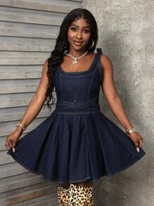 SHEIN Slayr 女士夏季无袖系肩交叉腰休闲牛仔连衣裙 - 深色水洗藍 - 查看 7