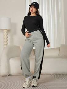 Mulvari Pantaloni casual pentru femei, culoare contrastantă, cu mozaic, design simplu