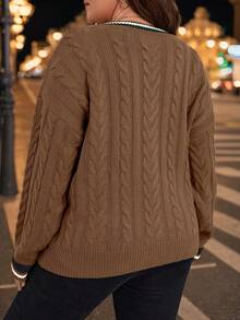 Calvaya 大码女式撞色条纹 V 领长袖秋季毛衣 - 咖啡棕 - 查看 2