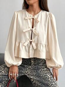 SHEIN EZwear Spring/Summer New Chiffon Women Petal Sleeve Bow Tie Casual Vacation Shirt Tie Front Blouse Lantern Sleeve Blouse Cream Blouse Ruffle Blouse Tie Up Shirt - Apricot - View 5