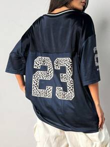 SHEIN EZwear Navy Blue Mesh Printed T-Shirt For Women - Navy Blue - View 2