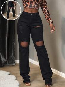 SHEIN Slayr Pantalones vaqueros ceñidos y rotos de cintura media para mujer - Negro - Ver 6