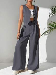 Chiquease Bộ vest màu trơn giản dị và quần ống rộng xếp ly, đa năng cho công việc mùa xuân và mùa hè và thời trang dạo phố - Màu xám đen - Xem 6