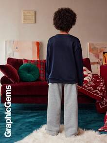 2pcs/Set Tween Boys Christmas Dog Sweatshirt Hooded Sweatshirt And Wide-Leg Sweatpants Set, Adjustable Hem